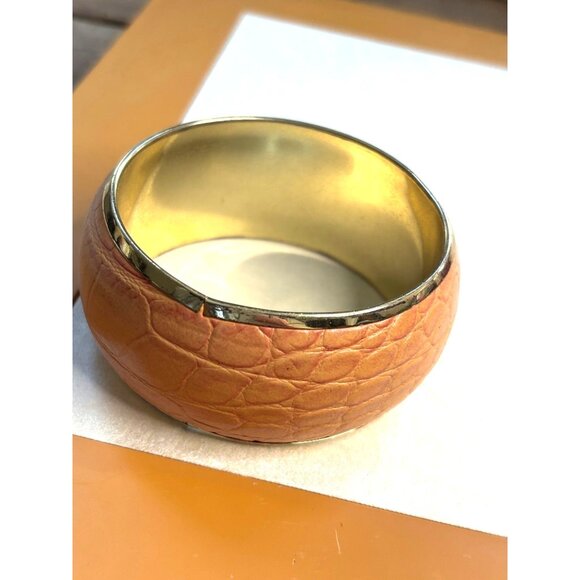 Gold-Tone Wide Bangle Bracelet With Faux Croc Embossed Orange Leather Design - Picture 1 of 7
